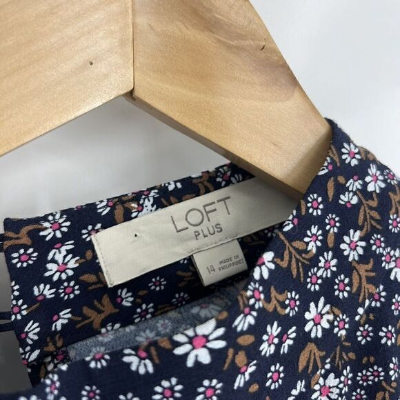 Loft Plus Dress Size 14 Womens Navy Floral Print Mock Neck Flare Puff Sleeve - Picture 4 of 8